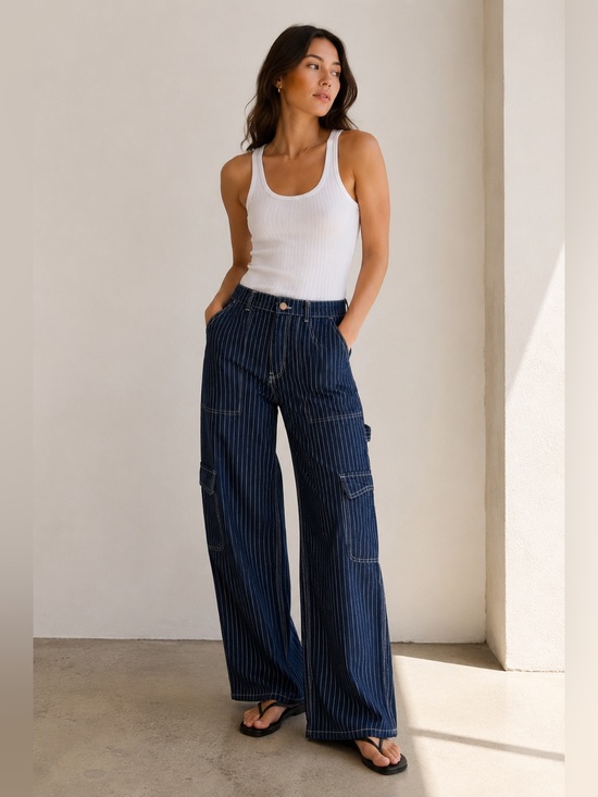 Damson Madder Denim - Damson Madder Pinstripe Carpenter Cargo Jeans Wide Leg Blue Size 10